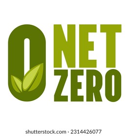 Net zero, CO2 neutral, green vector illustration. Eco friendly isolated sign, text with leaves. Carbon emissions free, no air atmosphere pollution industrial production. Save the planet