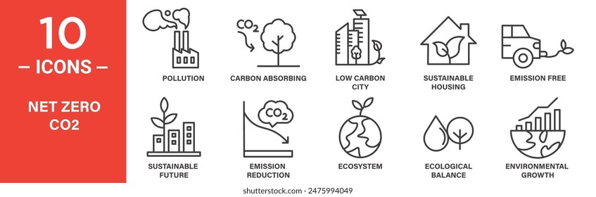 net zero co2 related vector icon set includes pollution, carbon absorbing, low carbon city, sustainable housing, emission free, sustainable future, emission reduction, ecosystem and more icons