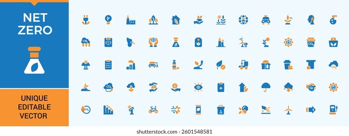 Net Zero colorful icon set. Contains filled symbols like green, energy, zero, carbon, environment, climate. Simple solid vector icons. Sustainable simple icon set. Vector collection.