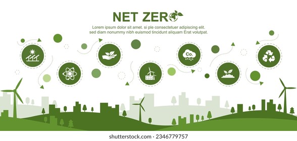 Net zero concept. Net zero greenhouse gas emissions target. Climate neutral long term strategy with green net zero icon and green icon on white  background.