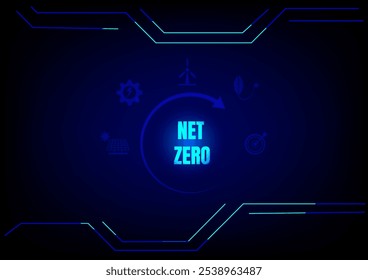 Net zero concept. Net zero with renewable energy reduce icon on blue technology background. Green products, Solar energy, reduce carbon dioxide.