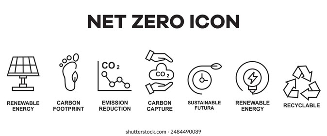 net zero, eco, desarrollo sostenible conjunto de iconos de contorno de trazo editable. aislado sobre fondo blanco Ilustración vectorial plana. Píxel perfecto. Línea editable.