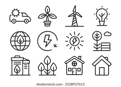 Netto Null, Öko, nachhaltige Entwicklung, Windturbine, Carbon Footprint, Nachhaltigkeitsbezogene editierbare Symbolgruppe einzelne flache Vektorgrafik, weißer Hintergrund
