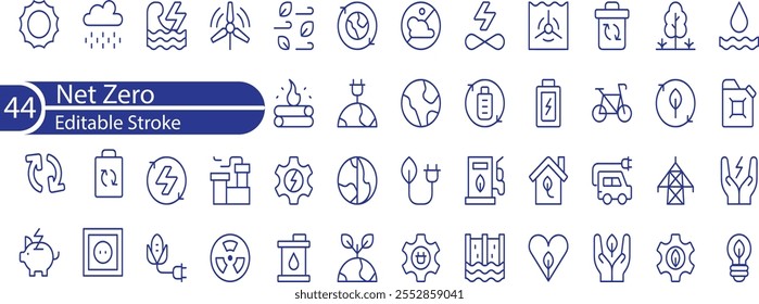 Iconos de línea delgada Net Zero. Trazo editable. Píxel perfecto