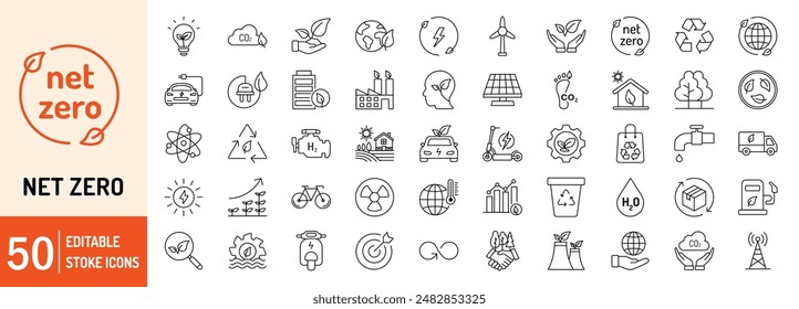 Net Zero editable stroke outline web icons set. Net zero, green, energy, ecology, carbon footprint, CO2, solar energy, wind power and nature. Vector illustration