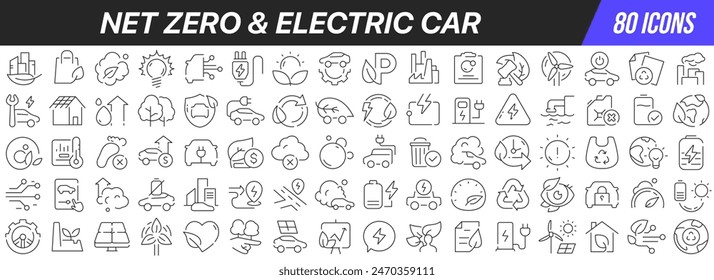 Net zero and electric car line icons collection. Big UI icon set in a flat design. Thin outline icons pack. Vector illustration EPS10