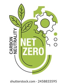 Net Zero emblem - CO2 neutral. Carbon neutrality - no air atmosphere pollution industrial production. Globe shape and leaves, geometric emblem