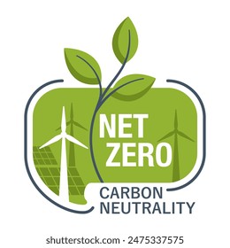 Net Zero emblem - CO2 neutral. Carbon neutrality - no air atmosphere pollution industrial production. Globe shape and leaves, flat geometric style