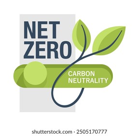 Net Zero emblem - CO2 neutral. Carbon neutrality - no air atmosphere pollution industrial production. Some switcher and leaves