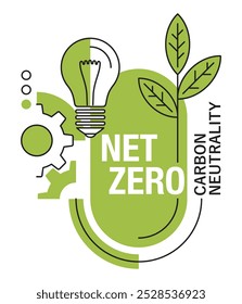 Emblema Net Zero - CO2 neutral. Neutralidad de carbono - no hay contaminación atmosférica de producción industrial. Forma del globo y hojas, emblema geométrico