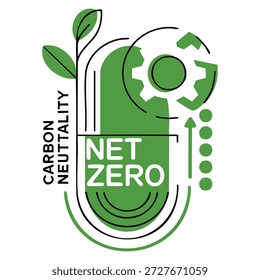 Emblema de cero emisiones netas Ilustración vectorial neutra en CO2 con globo terráqueo y diseño geométrico de hojas que representa la neutralidad de carbono y la producción industrial libre de contaminación