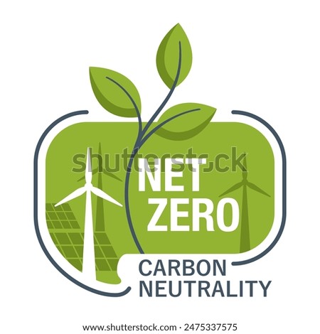 Net Zero emblem - CO2 neutral. Carbon neutrality - no air atmosphere pollution industrial production. Globe shape and leaves, flat geometric style