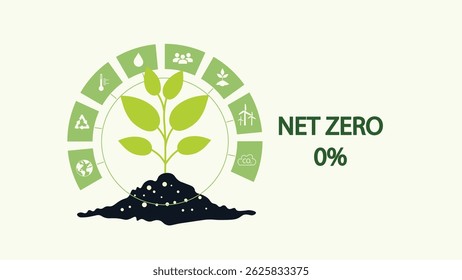 Net Zero Emissions by 2050 policy concept, CO2 level gauge percentage drop down to 0. Net zero emission, carbon neutral concept.CO2 reduce. Net zero greenhouse gas. Flat design