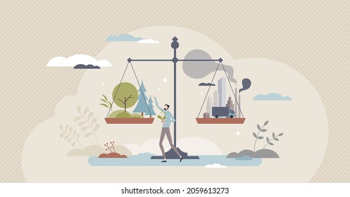 Net zero emissions and carbon dioxide CO2 neutral balance tiny person concept. Strategy to maintain atmosphere neutrality as future nature goal vector illustration. Scales with environment and city.