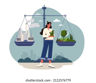 Net zero emissions and carbon dioxide CO2 neutral balance. Woman stands next to scale with plants and factory. Keeping atmosphere clean or taking care of environment. Cartoon flat vector illustration
