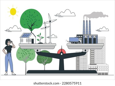 Net zero emissions and carbon dioxide CO2 neutral balance tiny person concept. Strategy to maintain atmosphere neutrality as future nature goal vector illustration. Scales with environment and city.