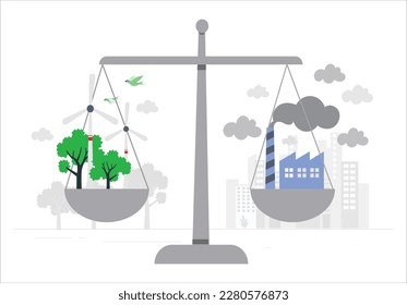 Net zero emissions and carbon dioxide CO2 neutral balance. Woman stands next to scale with plants and factory. Keeping atmosphere clean or taking care of environment. Cartoon flat vector illustration