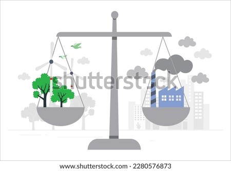 Net zero emissions and carbon dioxide CO2 neutral balance. Woman stands next to scale with plants and factory. Keeping atmosphere clean or taking care of environment. Cartoon flat vector illustration