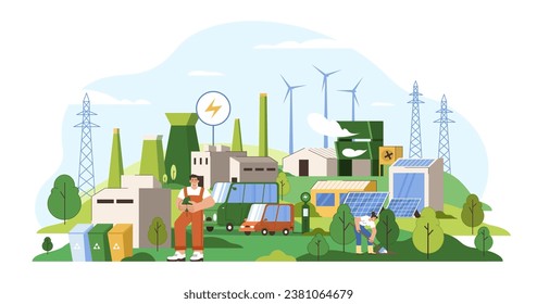 Net zero emissions, carbon neutral concept. People reduce gas emissions from factories. Characters protect atmosphere from air pollution. Save the planet, green city. Renewable energy, reforestation.