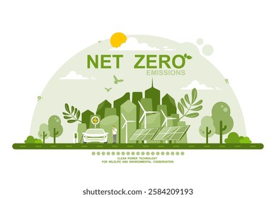 Net zero emissions and carbon neutral concept, Climate neutral long term strategy, Sustainable city of development goals, Caring for the environment using clean green energy, Renewable energy sources.