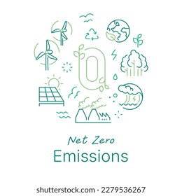 Net zero emissions concept vector illustration. Line art style light background design for Article, Web page, Banner, Poster, Print ads, etc.