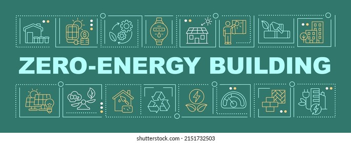 Net Zero Energy Building Word Concepts Dark Green Banner. Alternative Resources. Infographics With Icons On Color Background. Isolated Typography. Vector Illustration With Text. Arial-Black Font Used