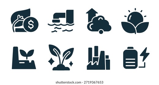 Colección de íconos excelente de cero neto. Conjunto de finanzas ecológicas, industria de inundaciones, crecimiento limpio, brotes verdes, fábrica sostenible, plántulas renovables, emisiones industriales, iconos de almacenamiento de energía