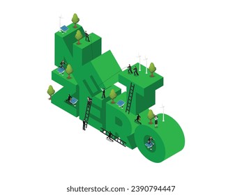 Ziel der Netto-Null-Treibhausgasemissionen ist isometrisches 3D-Vektorgrafik-Konzept