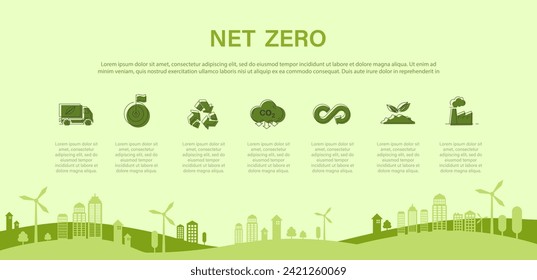 Net zero greenhouse gas emissions target. Climate neutral long term strategy net zero with Green icon on green background.