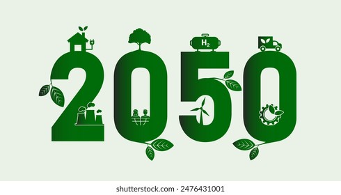 Net zero greenhouse gas emissions by 2050, carbon neutral, net zero greenhouse gas emissions target, long-term climate neutral strategy, vector illustration