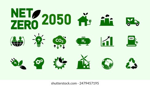 Net Zero Greenhouse Gas Emissions Concept by 2050 Carbon Neutral Net Zero Greenhouse Gas Emissions Target with Green and Black Health Center Icon on Gray Background