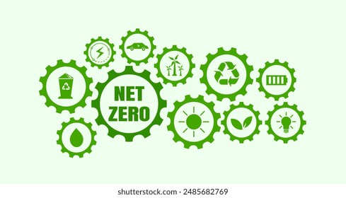 Emisiones netas nulas de gases de efecto invernadero para 2050, carbono neutro, objetivo neto cero de emisiones de gases de efecto invernadero, estrategia climática neutra a largo plazo con iconos verdes