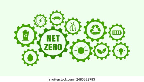 Netto-Null-Treibhausgasemissionen bis 2050, CO2-neutral, Netto-Null-Treibhausgasemissionsziel, langfristige klimaneutrale Strategie mit grünen Symbolen