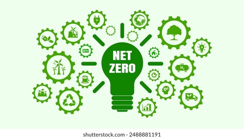 Emisiones netas nulas de gases de efecto invernadero para 2050, carbono neutro, objetivo neto cero de emisiones de gases de efecto invernadero, estrategia climática neutra a largo plazo con iconos verdes