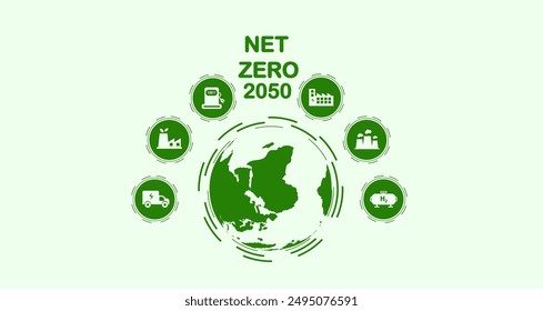 Net zero greenhouse gas emissions by 2050, carbon neutral, net zero greenhouse gas emissions target, long-term climate neutral strategy with white icons