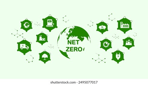 Emisiones netas nulas de gases de efecto invernadero para 2050, carbono neutro, objetivo neto cero de emisiones de gases de efecto invernadero, estrategia climática neutra a largo plazo con iconos blancos