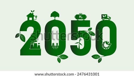 Net zero greenhouse gas emissions by 2050, carbon neutral, net zero greenhouse gas emissions target, long-term climate neutral strategy, vector illustration