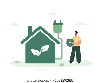 Net zero home. CO2 neutral. Sustainability concept. Low carbon and environmental responsibility. People live eco life. Alternative energy sources. Vector illustration in flat cartoon style.