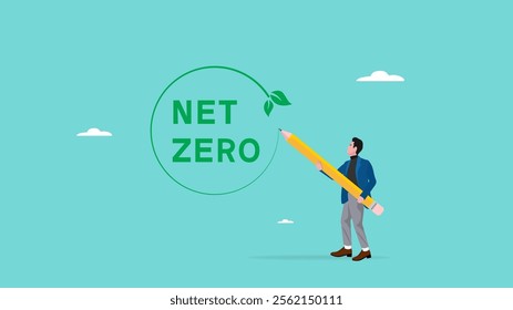 net zero icon, businessman using pencil drawing net zero icon with Net zero greenhouse gas emissions target, a good long-term strategy for the climate, Net zero and 2050 carbon neutral concept