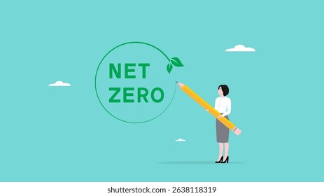 net zero icon, businesswoman using pencil drawing net zero icon with Net zero greenhouse gas emissions target, a good long-term strategy for the climate, Net zero and 2050 carbon neutral concept