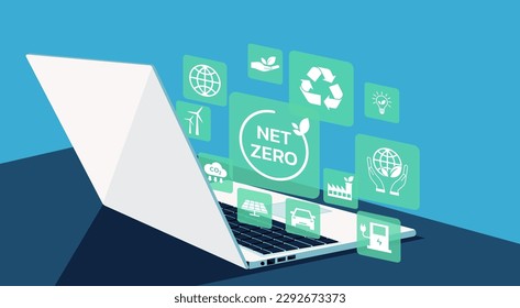 Net zero icon and carbon neutral concept on laptop computer to reduce gas emissions and limit climate change and global warming for long term strategy, flat vector illustration