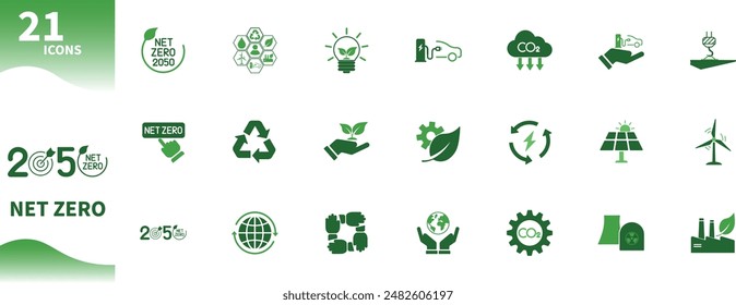 Symbol "Net Zero". Set von Icons für Ökologie, erneuerbare Energie, Umwelt, Recycling, grüne Natur,...