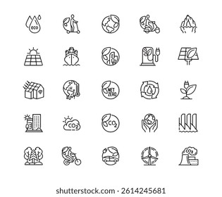Net Zero Icons Icons. Editable Stroke. The set contains icons as Carbon Dioxide, Environmental Conservation, Climate Change, Sustainable Resources, Zero Waste, Solar Panel
