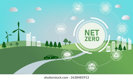 Net zero landscape with wind turbines and green environment