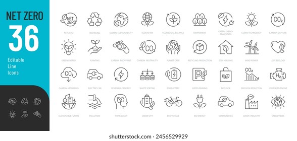 Net Zero Line Editable Icons set. Vector illustration in modern thin line style of ecology related icons: recycling, carbon absorbing, green energy, and more. Pictograms and infographics for mobile.