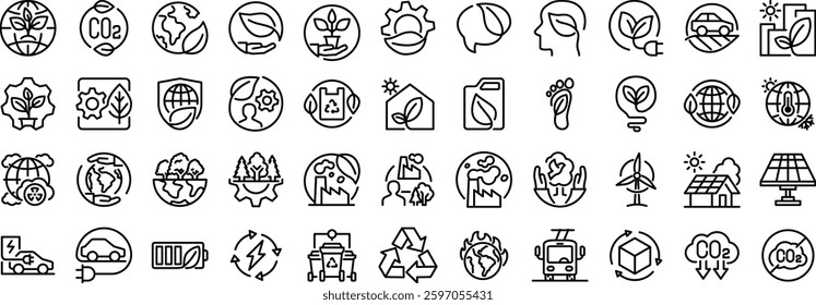 Net Zero Line Editable Icons set. Illustration in modern thin line style of ecology related icons: recycling, carbon absorbing, green energy, and more.