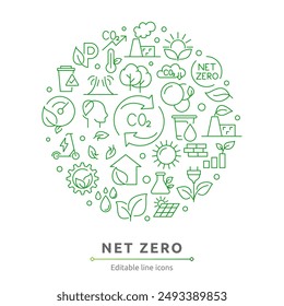 Net zero line icon collection. Eco, carbon footprint, CO2 neutral, solar energy, wind power, renewable energy outline icon set. UI thin outline icons pack.