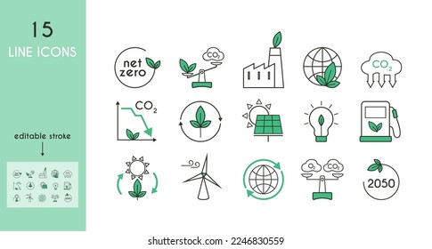 Net zero line icon set. Carbon neutral and net zero concept.  Green energy, CO2 neutral, save Earth. Editable vector stroke. Minimal vector illustration. Simple outline sign for ecology 48x48 Pixel 