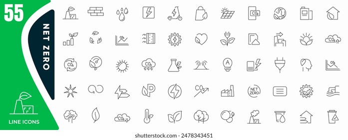 Net zero line icon set. Eco, carbon footprint, CO2 neutral, solar energy, wind power, renewable energy outline icon collection. UI thin outline icons pack.
