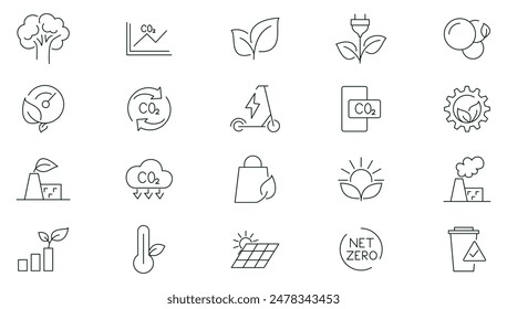 Net zero line icon set. Eco, carbon footprint, CO2 neutral, solar energy, wind power, renewable energy outline icon collection. UI thin outline icons pack.